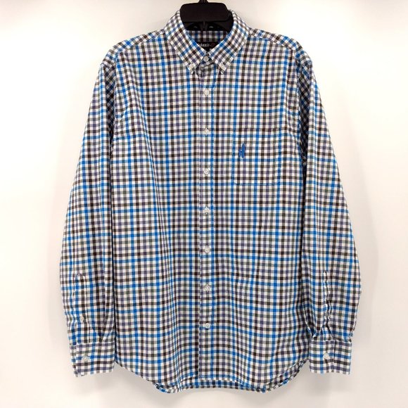 JOHNNIE O Shirt Men's‎ L Blue Gray Plaid Button Down Collar Pocket Long Sleeve - Picture 1 of 12